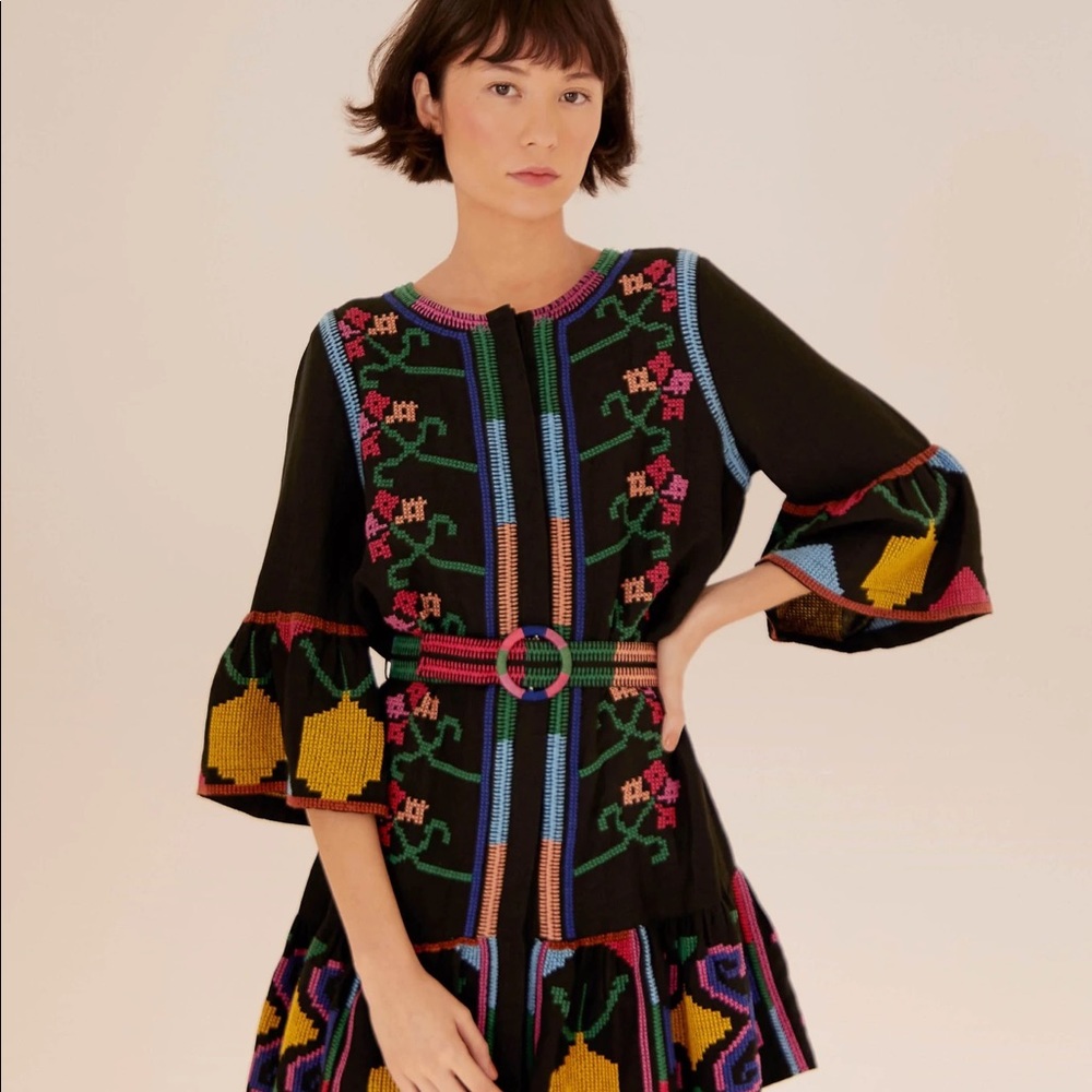 Farm Rio Black Cross Stich Mini Dress In Black Multi